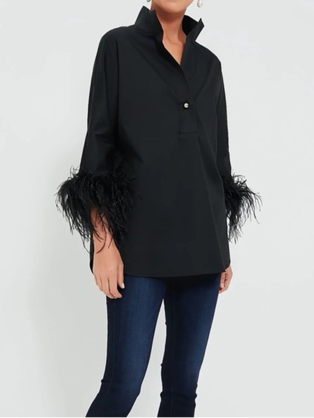 Tuckernuck Black Feather-Trim Popover Top